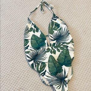 The Bikini Lab Tropical Green Leaf Print Halter One Piece Swimsuit Open Back